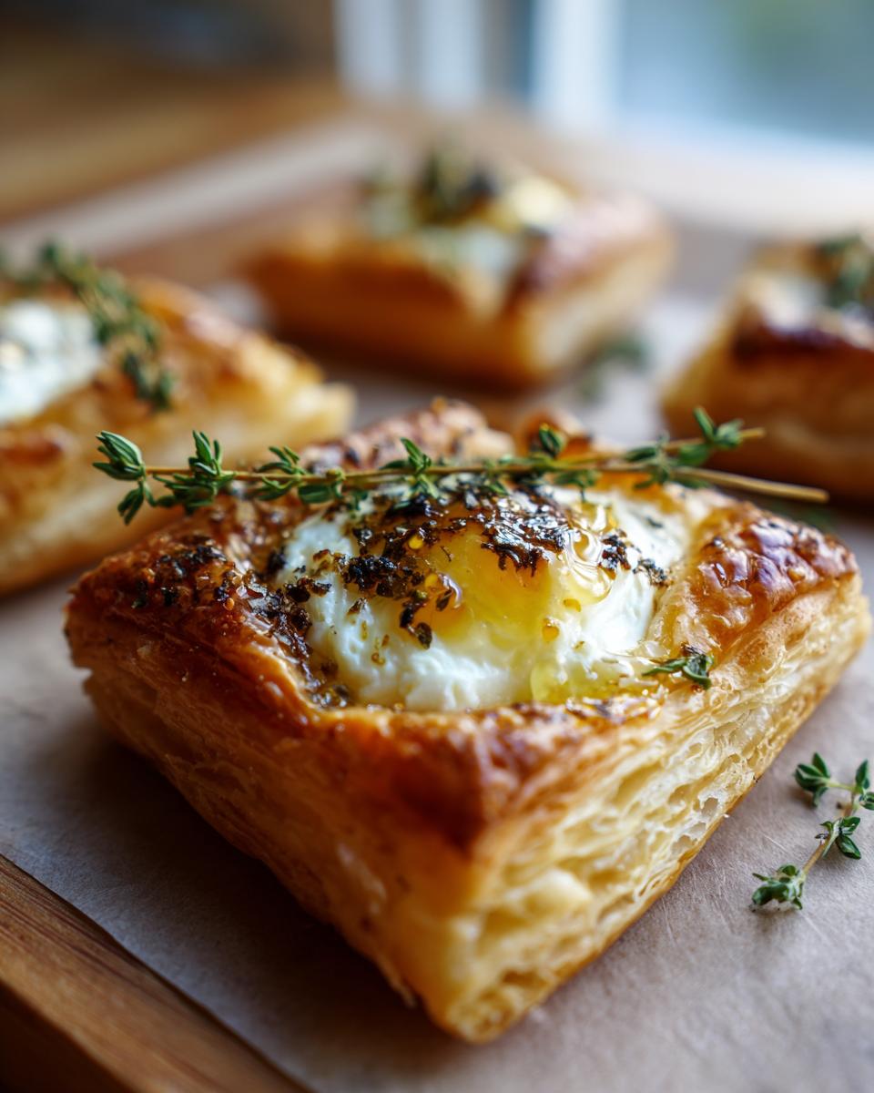Close-up of a flaky puff pastry square filled with melted goat cheese and drizzled with honey, topped with herbs for goat cheese and honey bites.
