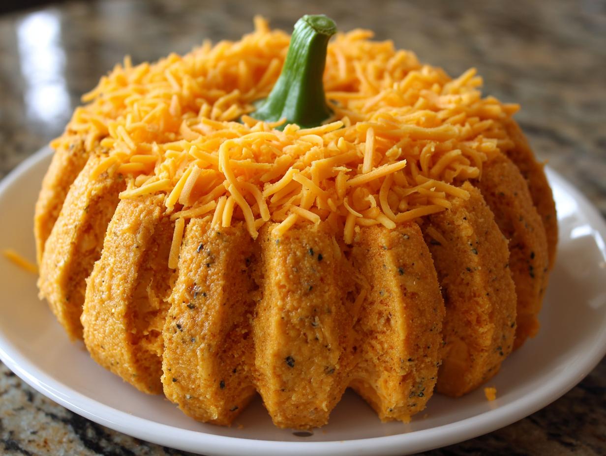 A savory, orange pumpkin cheese ball shaped like a small pumpkin, topped with shredded cheddar cheese and a green stem.