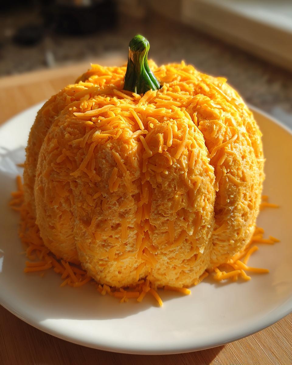 A festive pumpkin cheese ball shaped like a pumpkin and covered in shredded cheddar cheese with a green stem.