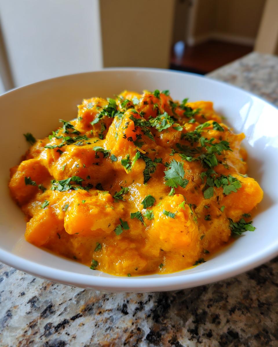 A white bowl filled with vibrant orange pumpkin curry, topped generously with fresh chopped cilantro.