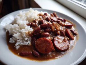 A close-up of a plate featuring savory red beans and rice topped with sliced smoked sausage.