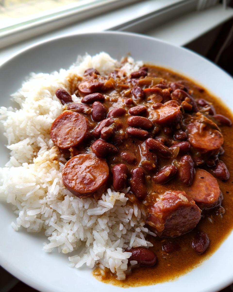 Close-up of a plate featuring white rice topped with savory red beans and rice and sliced andouille sausage.