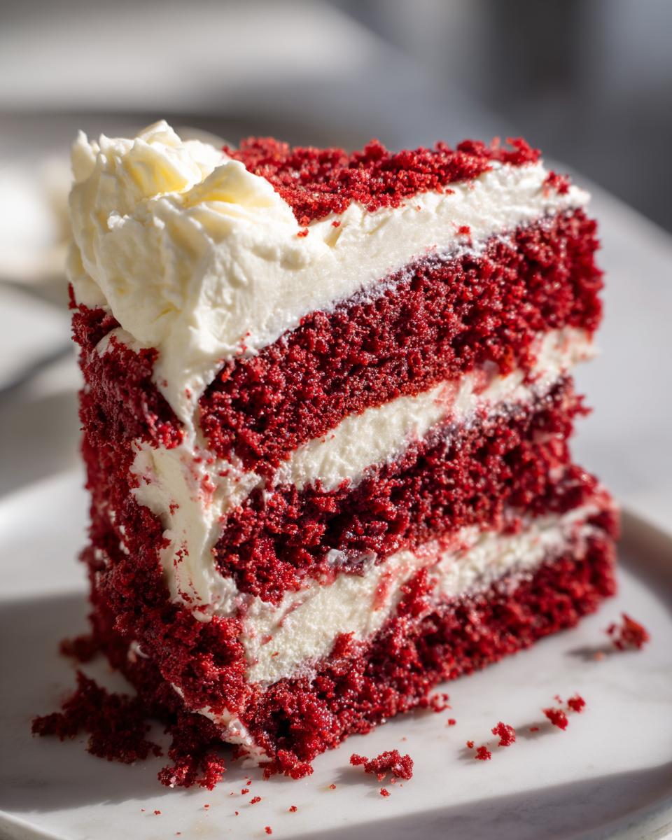 Close-up of a moist slice of red velvet cake showing three layers of deep red cake and thick white cream cheese frosting.