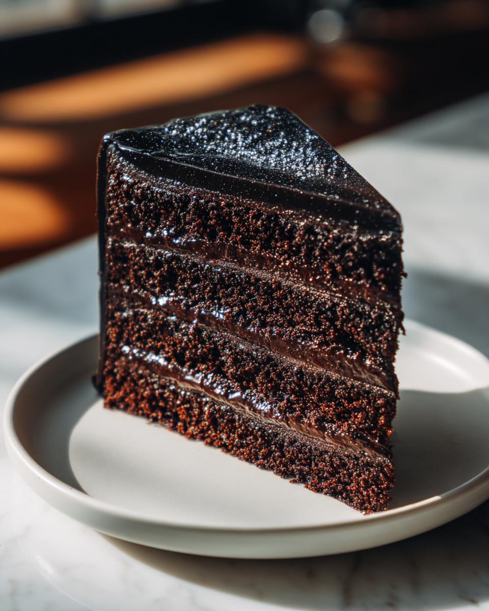 A tall, decadent slice of dark chocolate Capricorn cake with glossy ganache layers.