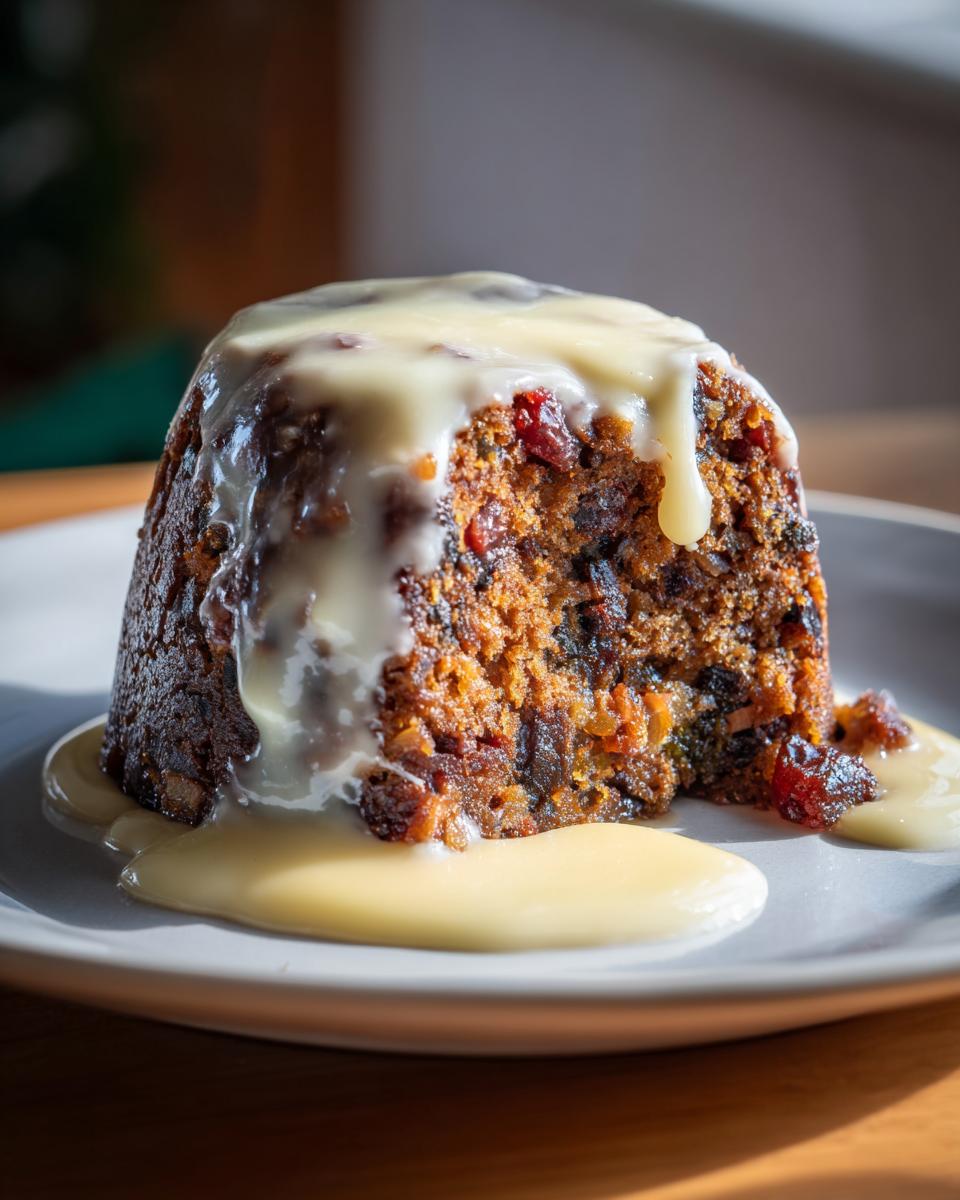 A rich, dark plum pudding slice covered in creamy custard sauce, served on a light grey plate.