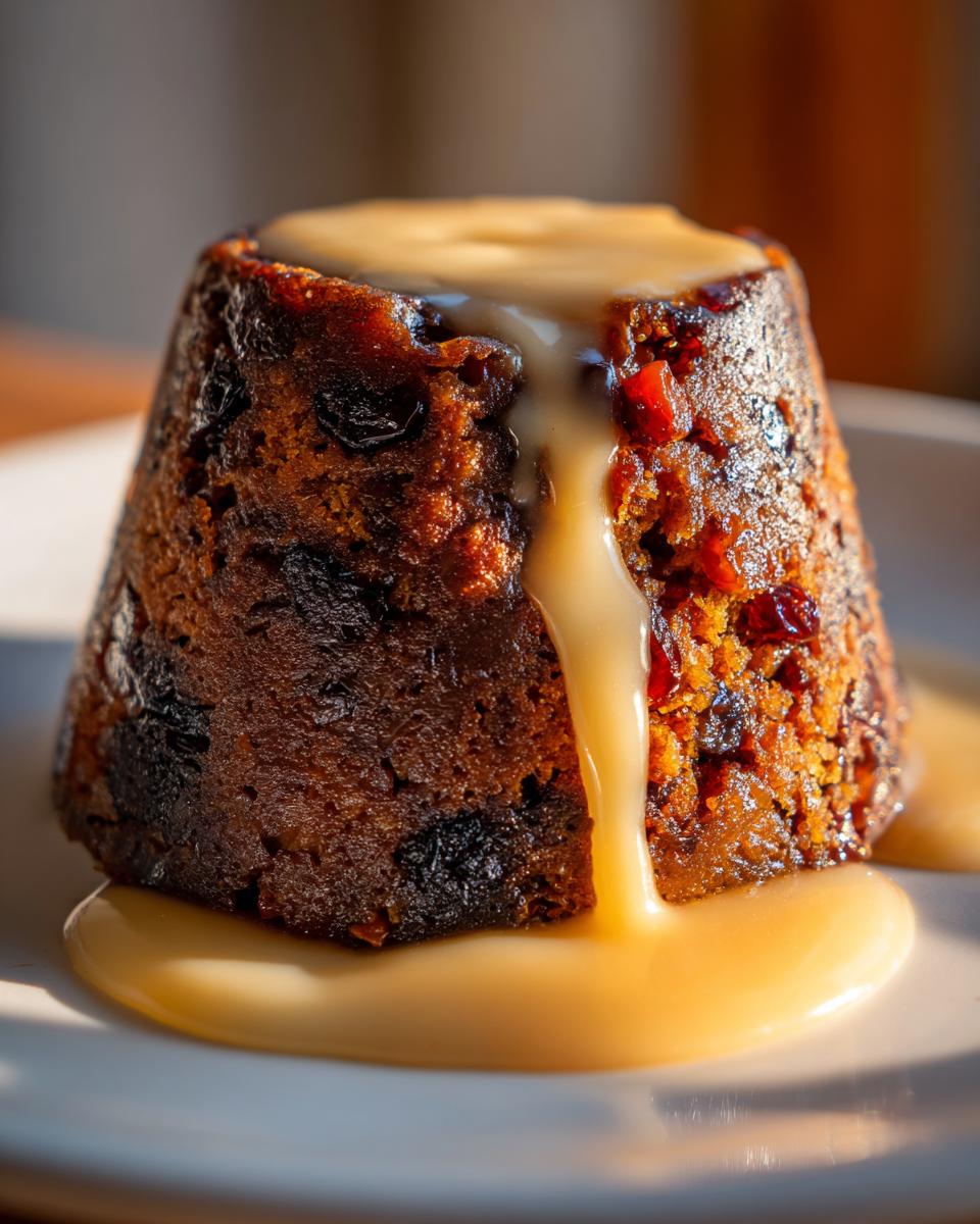 A close-up of a dark, rich plum pudding topped with thick, flowing custard sauce.