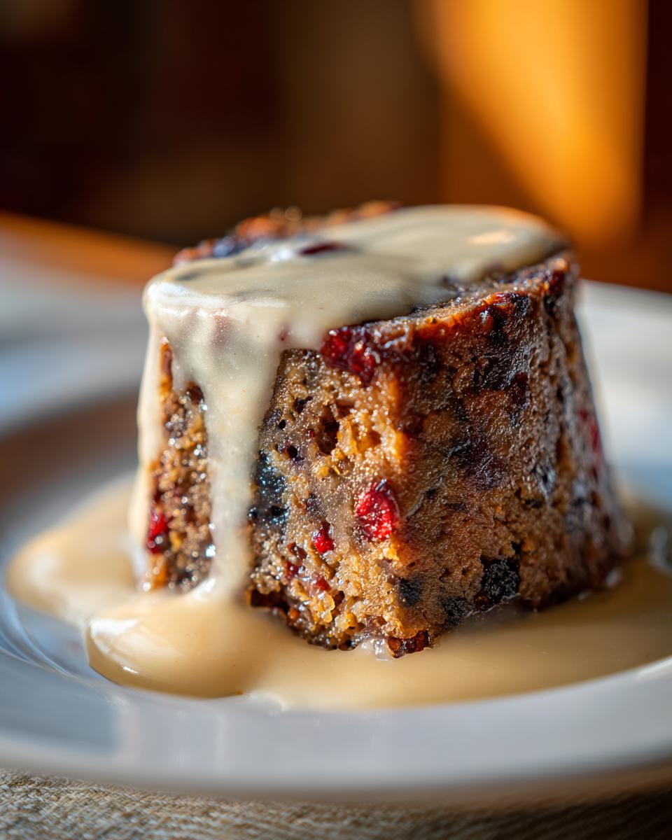 Close-up of a moist, dark plum pudding slice generously covered in warm, flowing cream sauce.