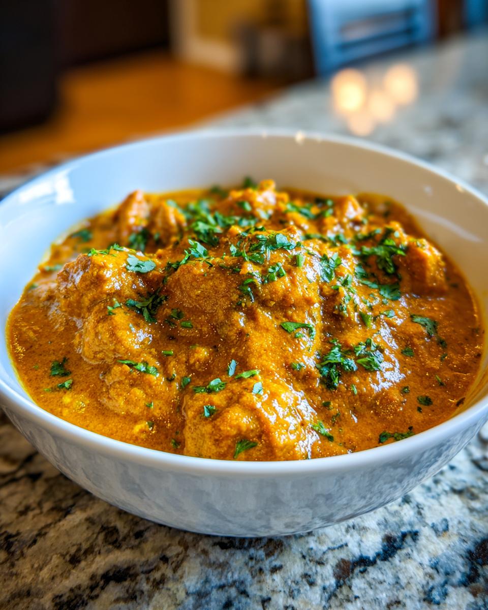 Close-up of a white bowl filled with rich, orange pumpkin curry, garnished with fresh chopped cilantro.