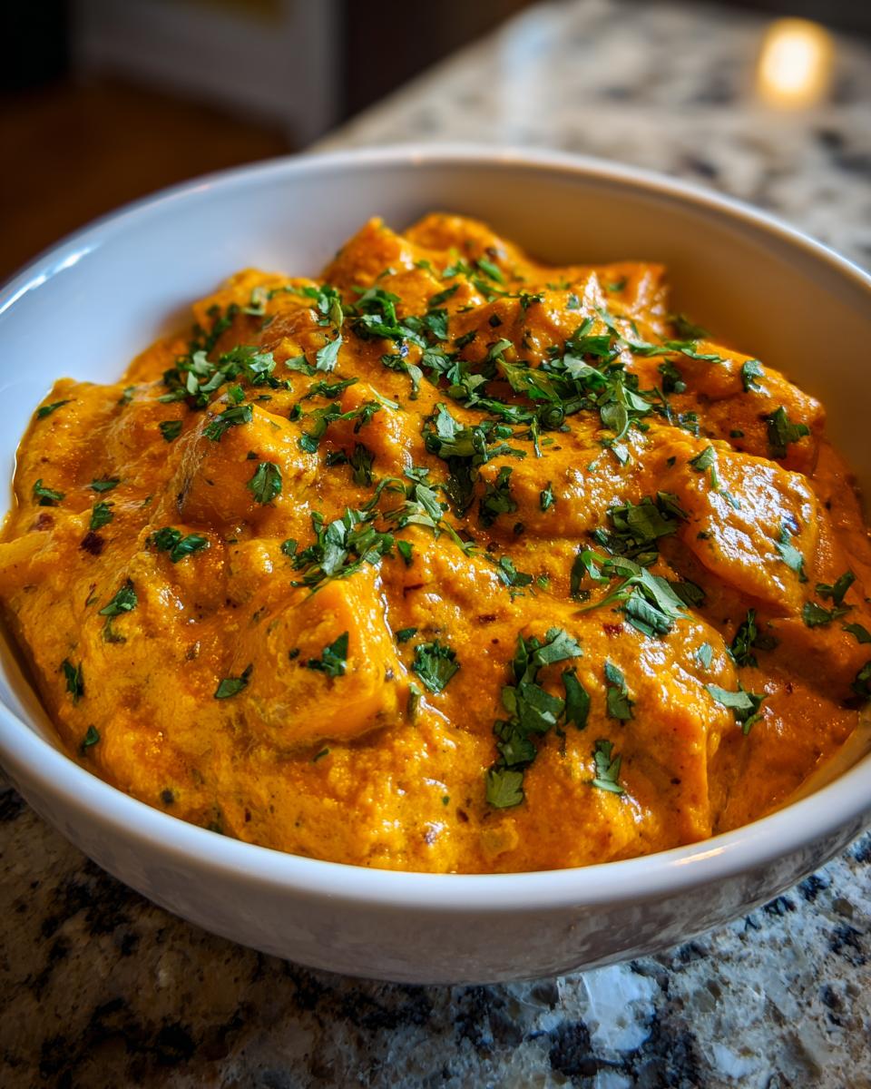 A close-up of a vibrant orange pumpkin curry, garnished generously with fresh chopped cilantro, served in a white bowl.