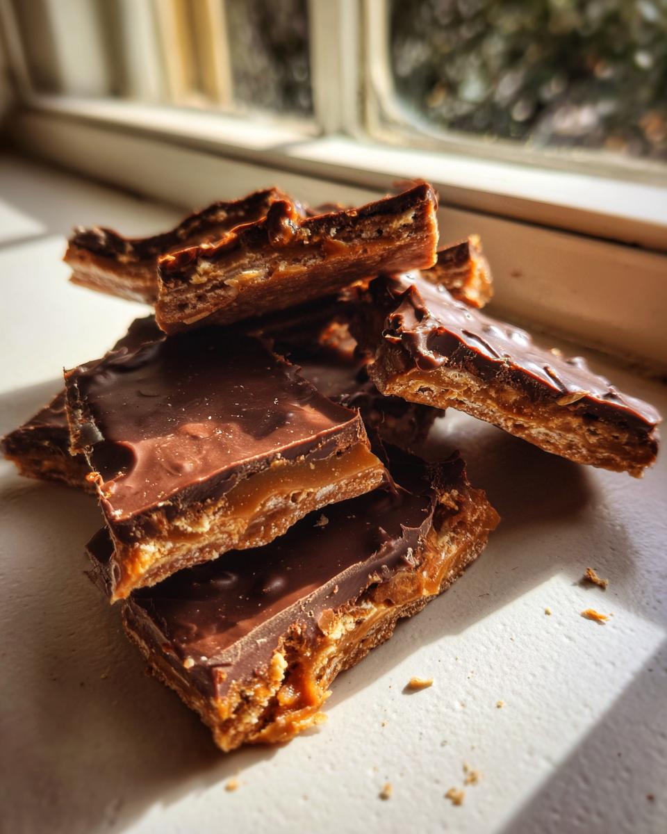 Close-up of broken pieces of saltine cracker toffee stacked, showing layers of chocolate, caramel, and crackers.