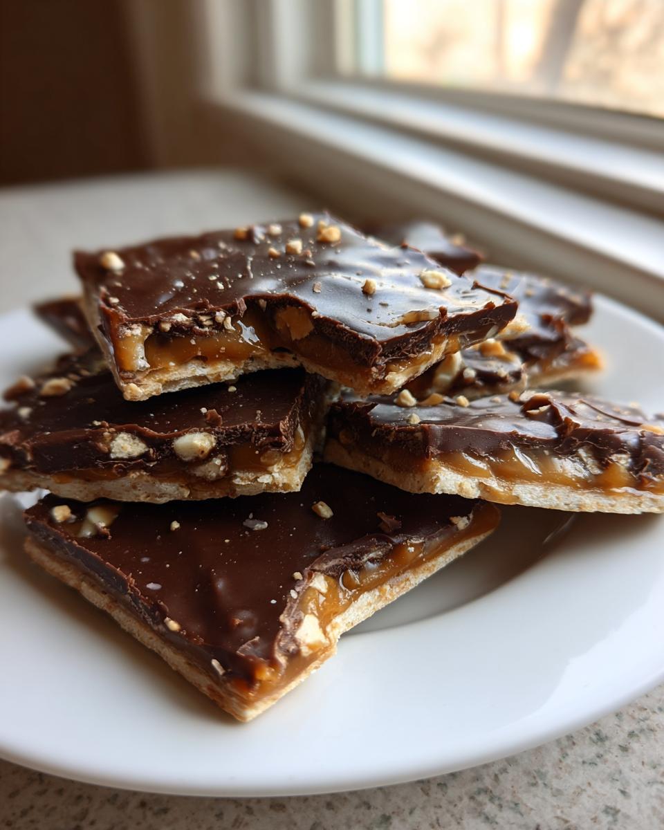 Close-up of stacked saltine cracker toffee squares with a thick chocolate topping and chopped nuts.