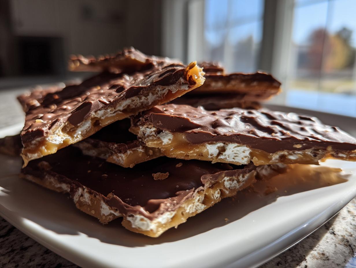Close-up of broken pieces of saltine cracker toffee layered with caramel, marshmallows, and chocolate.