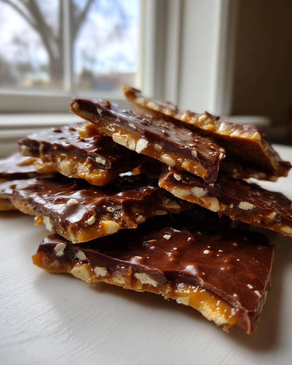 Close-up of broken pieces of saltine cracker toffee, showing the caramel, saltine base, and rich chocolate topping.