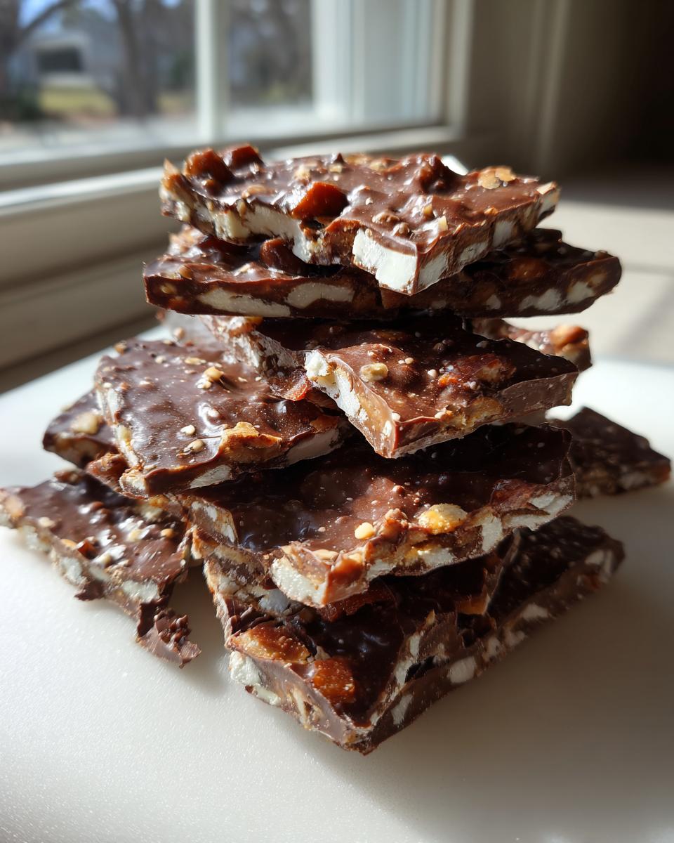 A stack of broken pieces of saltine cracker toffee, showing the white cracker base, chocolate, and chopped nuts.
