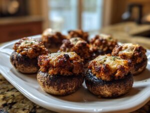 A plate of freshly baked sausage stuffed mushrooms, topped with melted cheese and parsley.