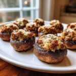 A close-up of several baked Sausage stuffed mushrooms topped with melted cheese and herbs on a white platter.