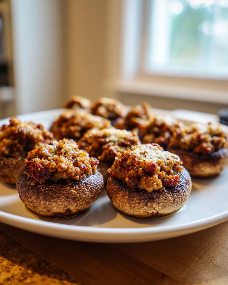A close-up of several baked sausage stuffed mushrooms piled high with savory filling on a white platter.
