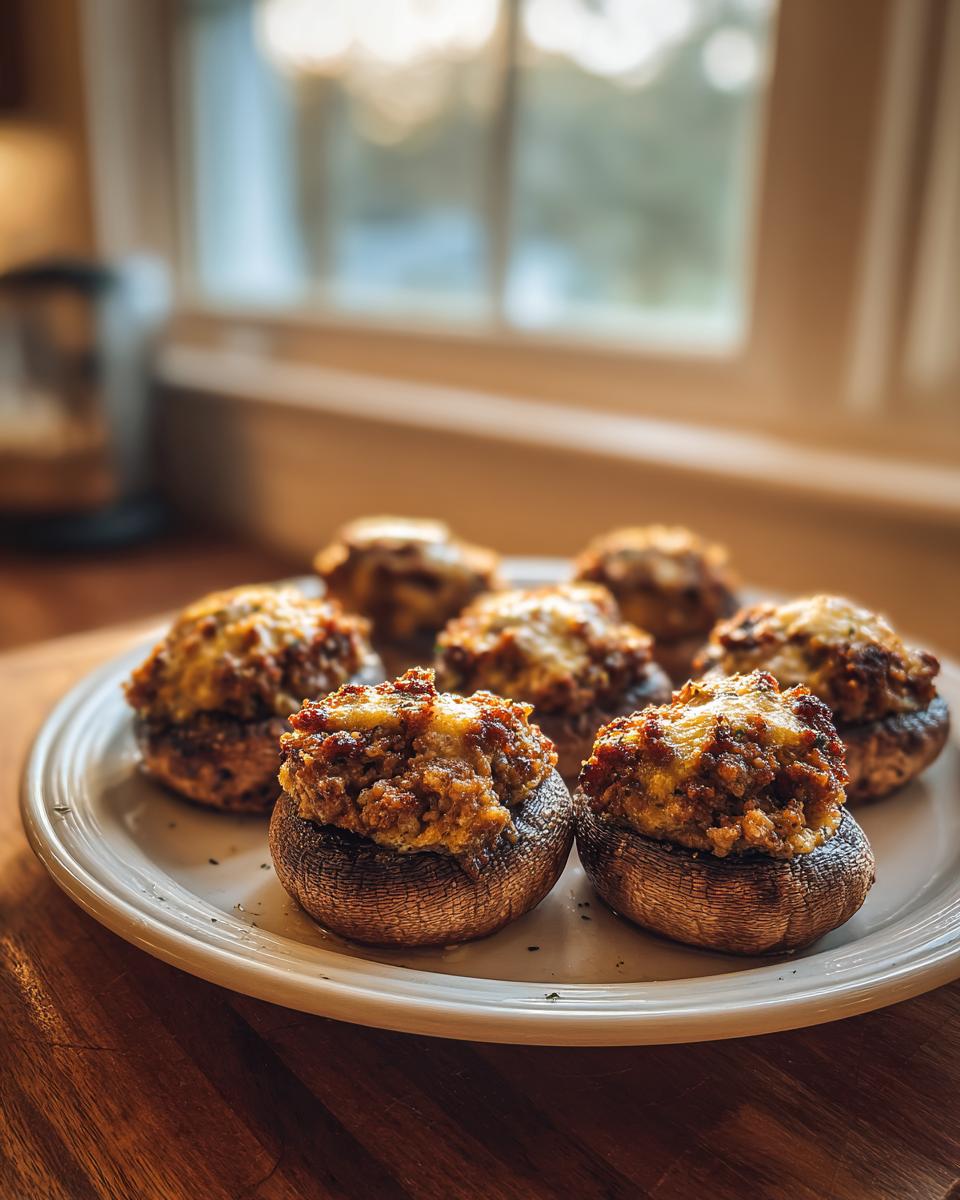 A close-up of several baked sausage stuffed mushrooms topped with melted cheese, served on a white plate.
