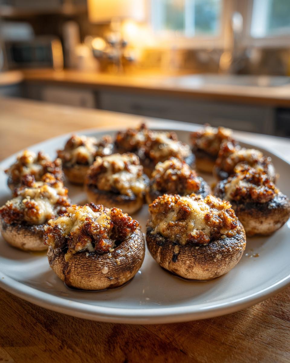 A white plate holding several baked Sausage stuffed mushrooms topped with melted cheese, set on a wooden table.