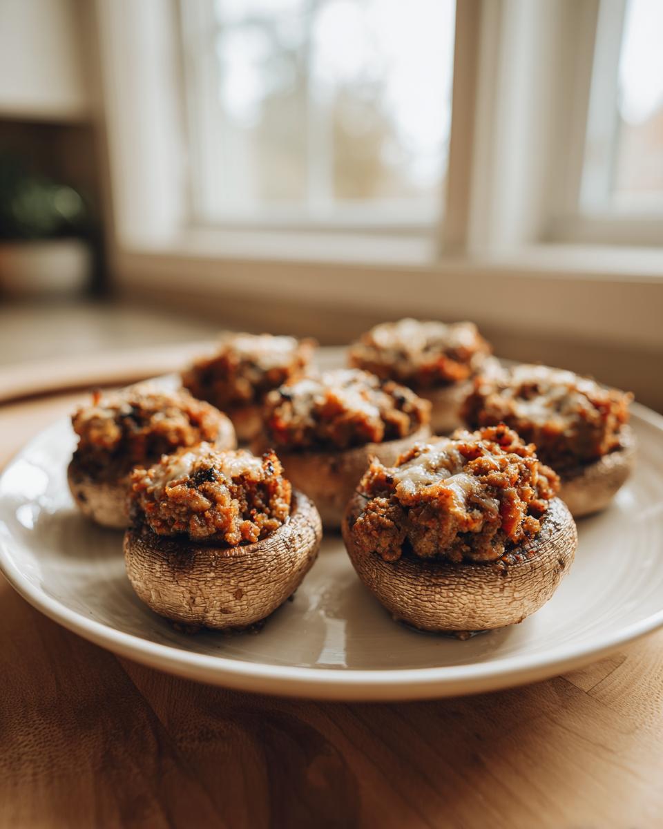A white plate holds several baked sausage stuffed mushrooms topped with melted cheese, set on a wooden surface.
