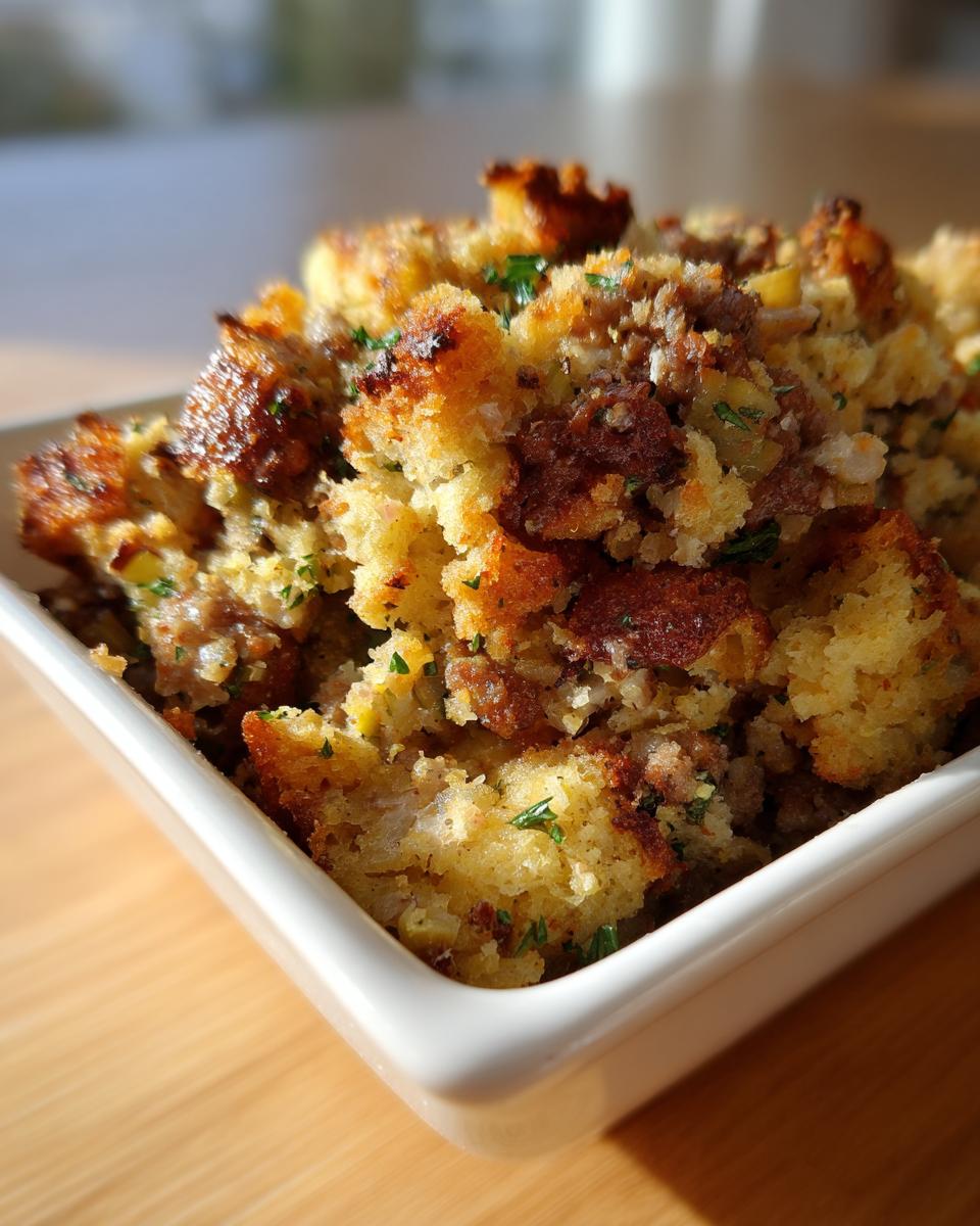 Close-up of moist and crispy sausage stuffing with visible browned sausage pieces and parsley.