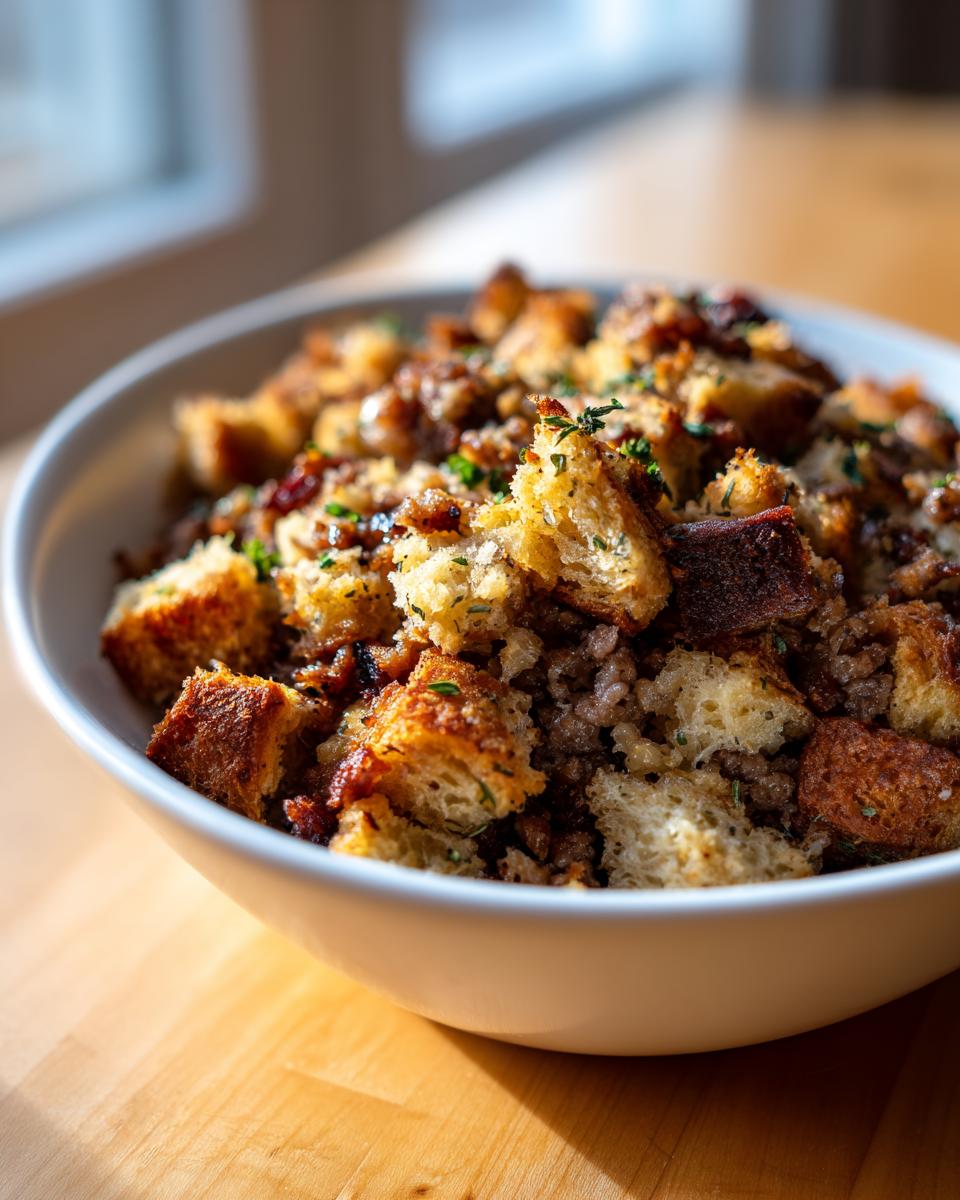 Close-up of a white bowl filled with savory sausage stuffing, featuring toasted bread cubes and crumbled sausage.