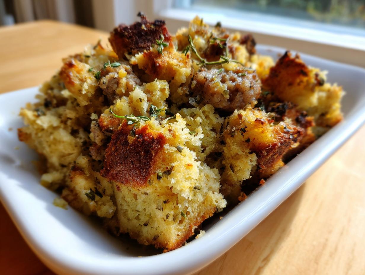 Close-up of a serving of flavorful sausage stuffing with crispy bread cubes and herbs in a white dish.