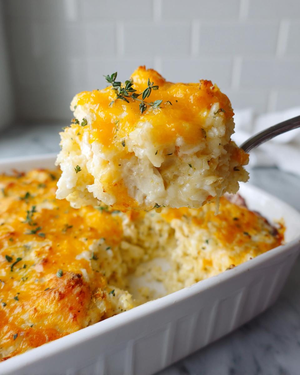 A spoonful of creamy, cheesy chicken and rice casserole topped with melted cheddar and thyme.