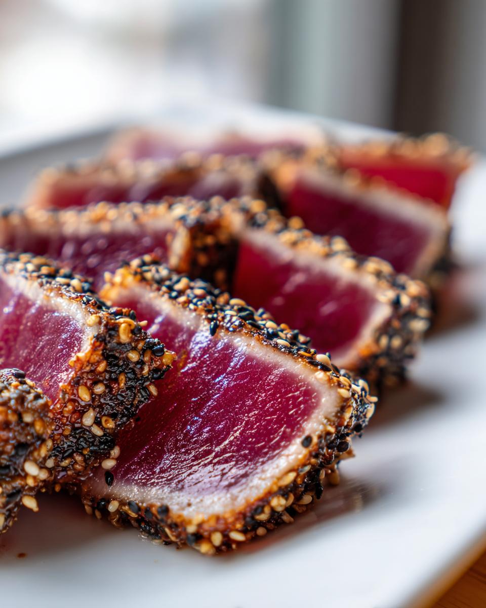 Close-up of perfectly Seared Ahi Tuna slices, featuring a dark sesame seed crust and bright red interior.