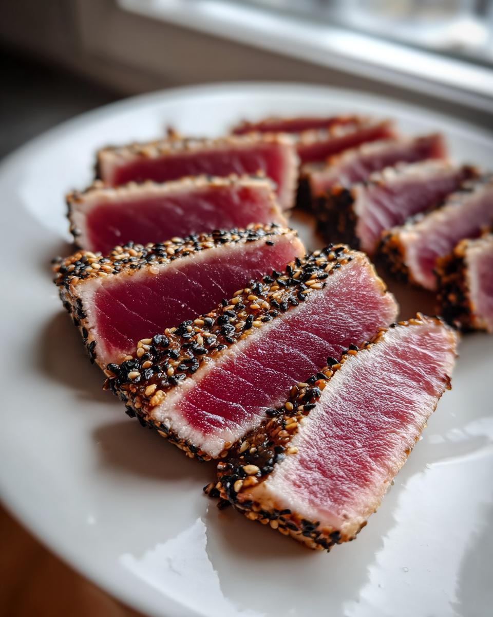 Close-up of perfectly Seared Ahi Tuna slices, crusted with black and white sesame seeds, showing a rare, deep red center.
