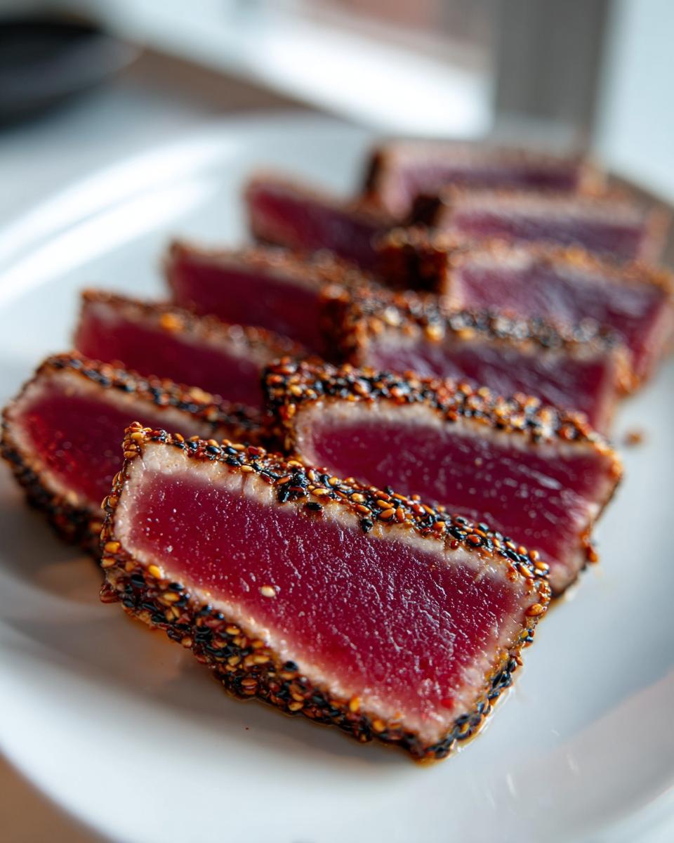 Close-up of perfectly seared ahi tuna slices, showing a deep red center and a dark sesame seed crust.