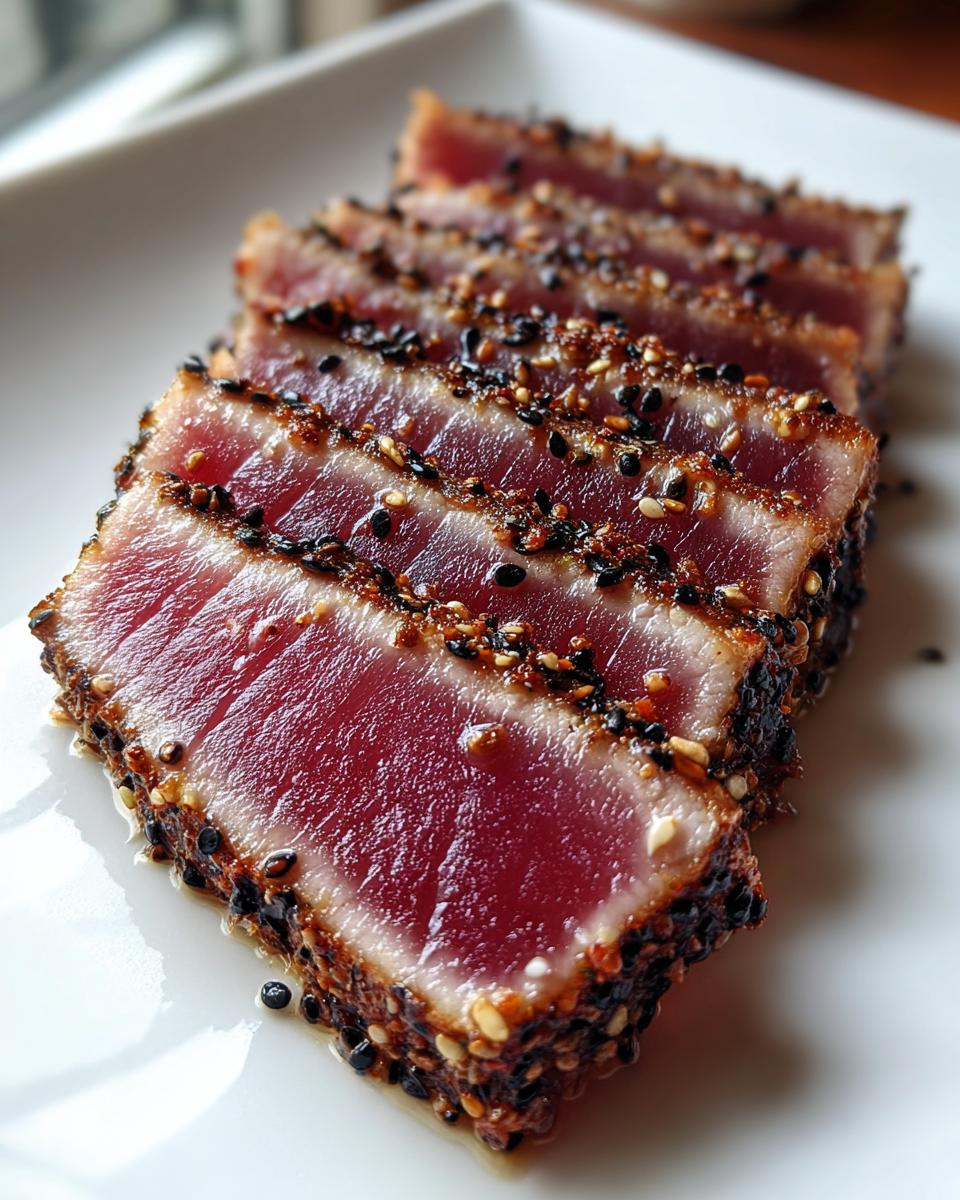 Close-up of perfectly seared ahi tuna, sliced to show the rare red center and dark sesame seed crust.