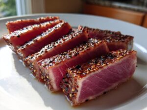 Slices of perfectly seared ahi tuna with a dark sesame seed crust, showing a rare, bright pink center.