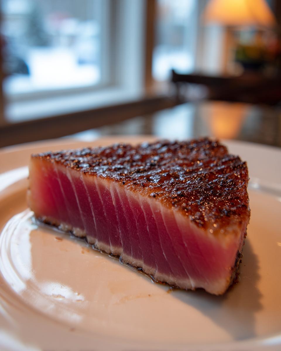 Close-up of a perfectly seared tuna steak, rare in the center, seasoned after using the MARINADE FOR TUNA STEAK.