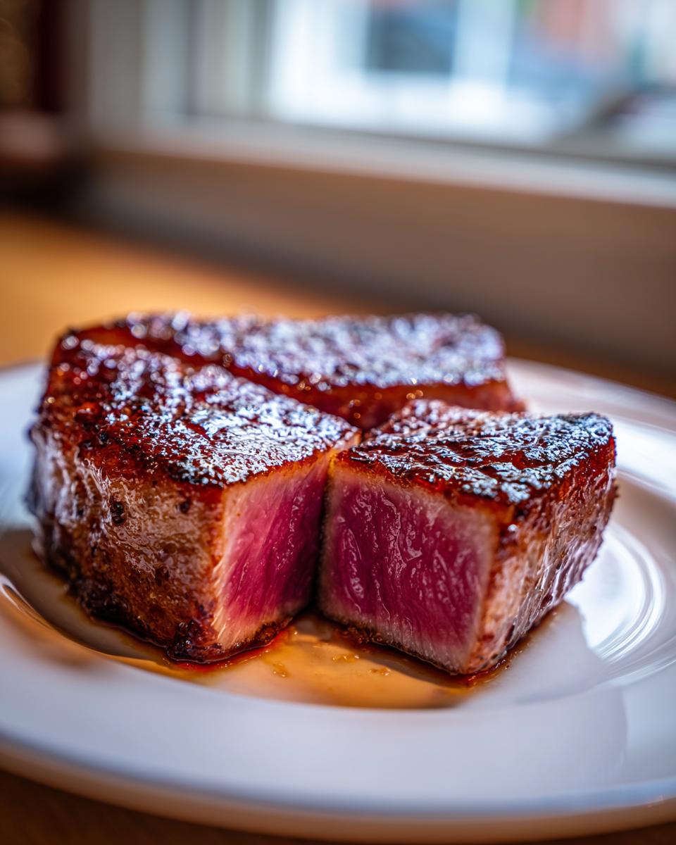 Close-up of a seared tuna steak, cut into thick pieces, showing a bright pink rare center from the MARINADE FOR TUNA STEAK.