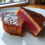 Two thick slices of seared tuna steak showing a deep red, rare center, perfect for a MARINADE FOR TUNA STEAK recipe.