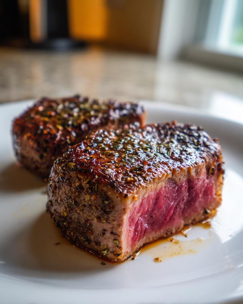 Close-up of two perfectly seared tuna steaks, one sliced to show a rare, pink interior, seasoned with herbs.