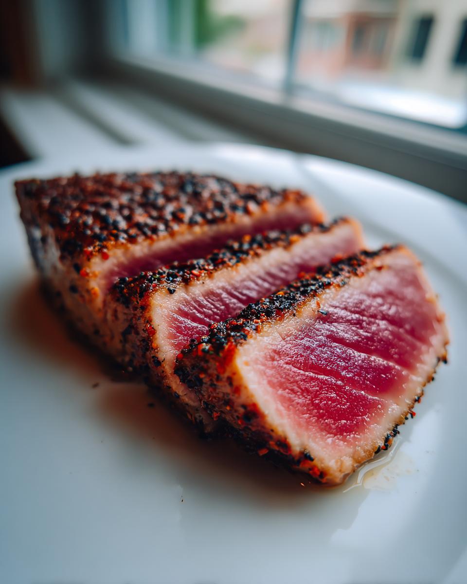 Close-up of a seared tuna steak, sliced to show a rare, pink center and a dark pepper crust, perfect for a MARINADE FOR TUNA STEAK.