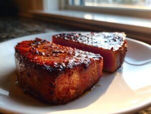Two perfectly seared tuna steak pieces showing a dark, glazed exterior and rare pink center, seasoned well from the MARINADE FOR TUNA STEAK.