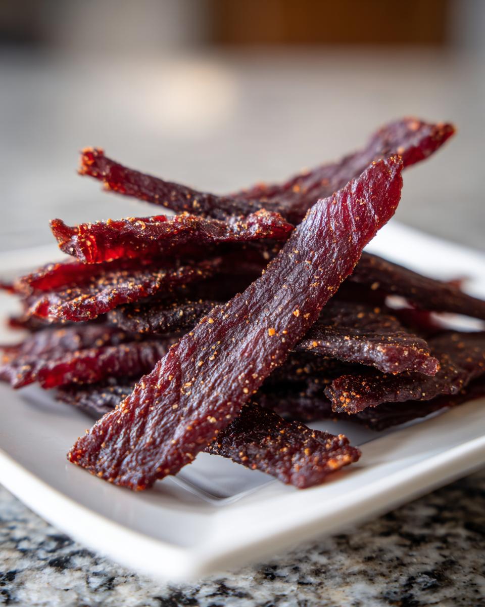 A pile of dark red, seasoned venison jerky strips stacked on a white square plate.