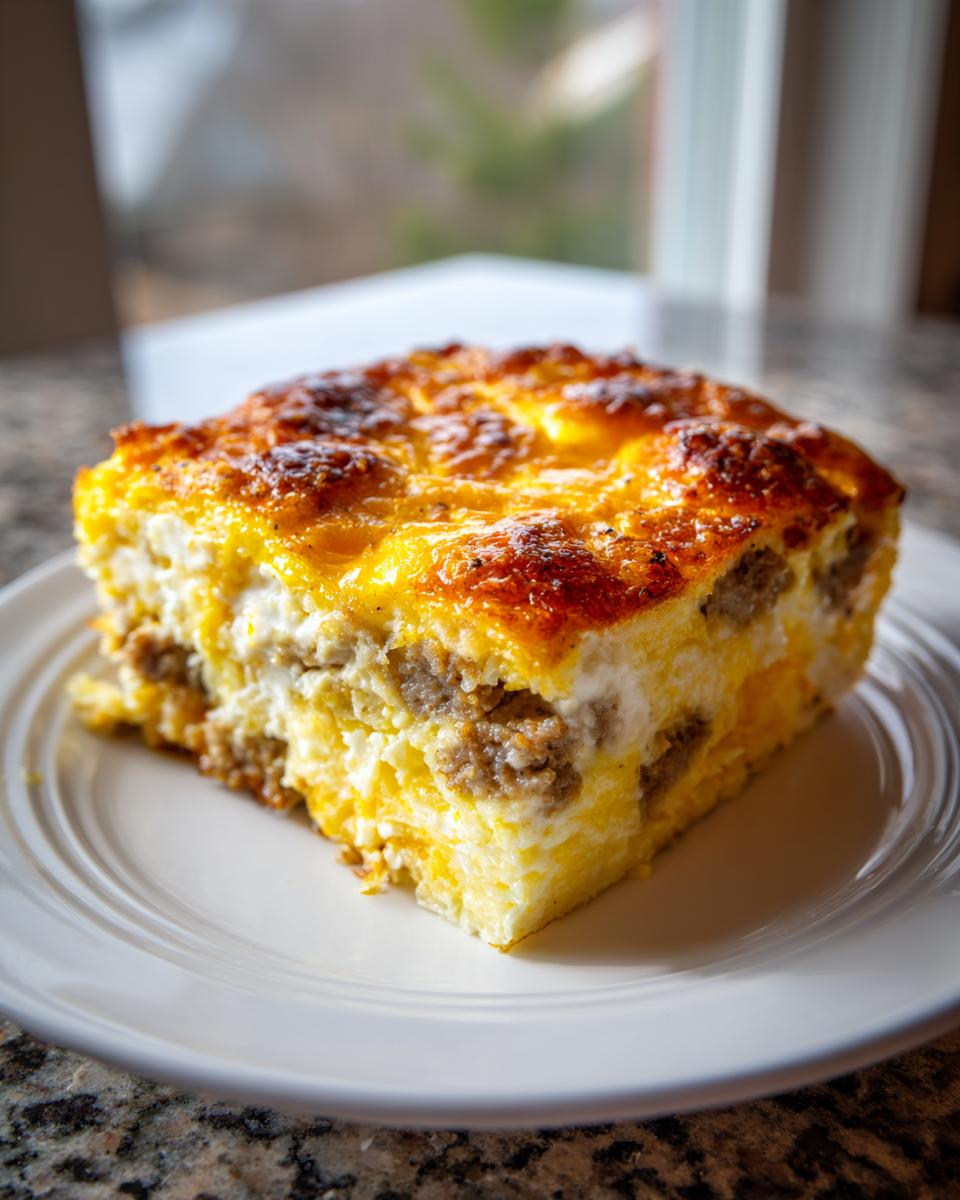 A square slice of baked Christmas breakfast casserole featuring eggs, sausage, and a golden, cheesy top.