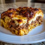 Close-up of a thick, square slice of sheet pan lasagna featuring layers of pasta, meat sauce, and a bubbly, browned cheese topping.