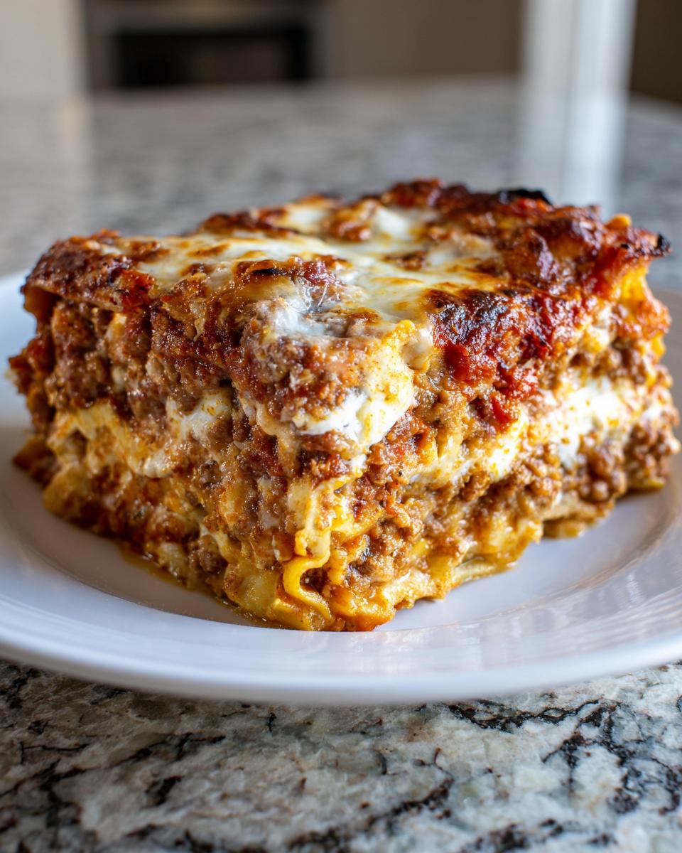 A thick, perfectly layered slice of sheet pan lasagna featuring rich meat sauce and melted cheese topping.