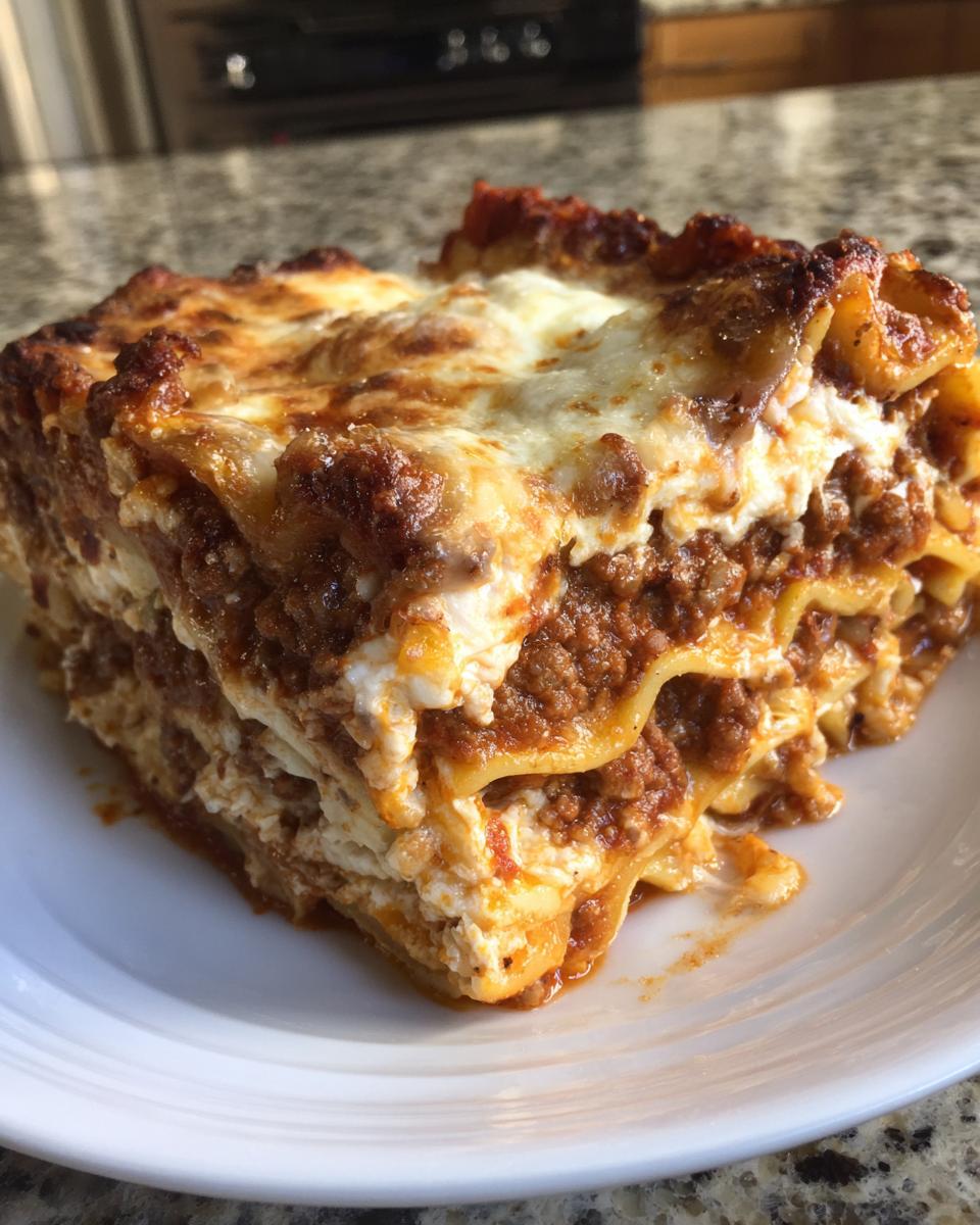 A thick, layered slice of baked sheet pan lasagna featuring rich meat sauce and melted cheese.