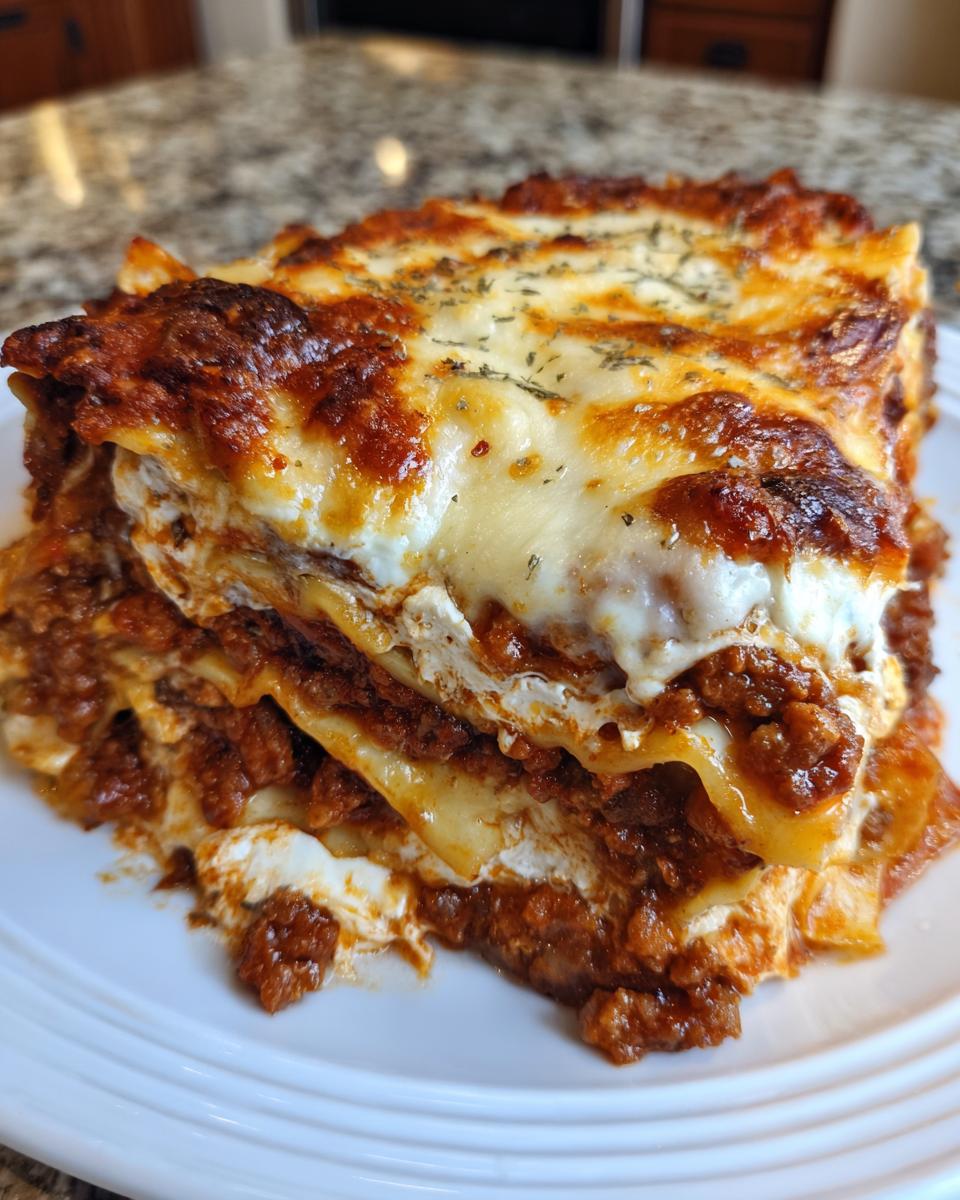 A thick, layered slice of sheet pan lasagna featuring rich meat sauce and melted, browned cheese.