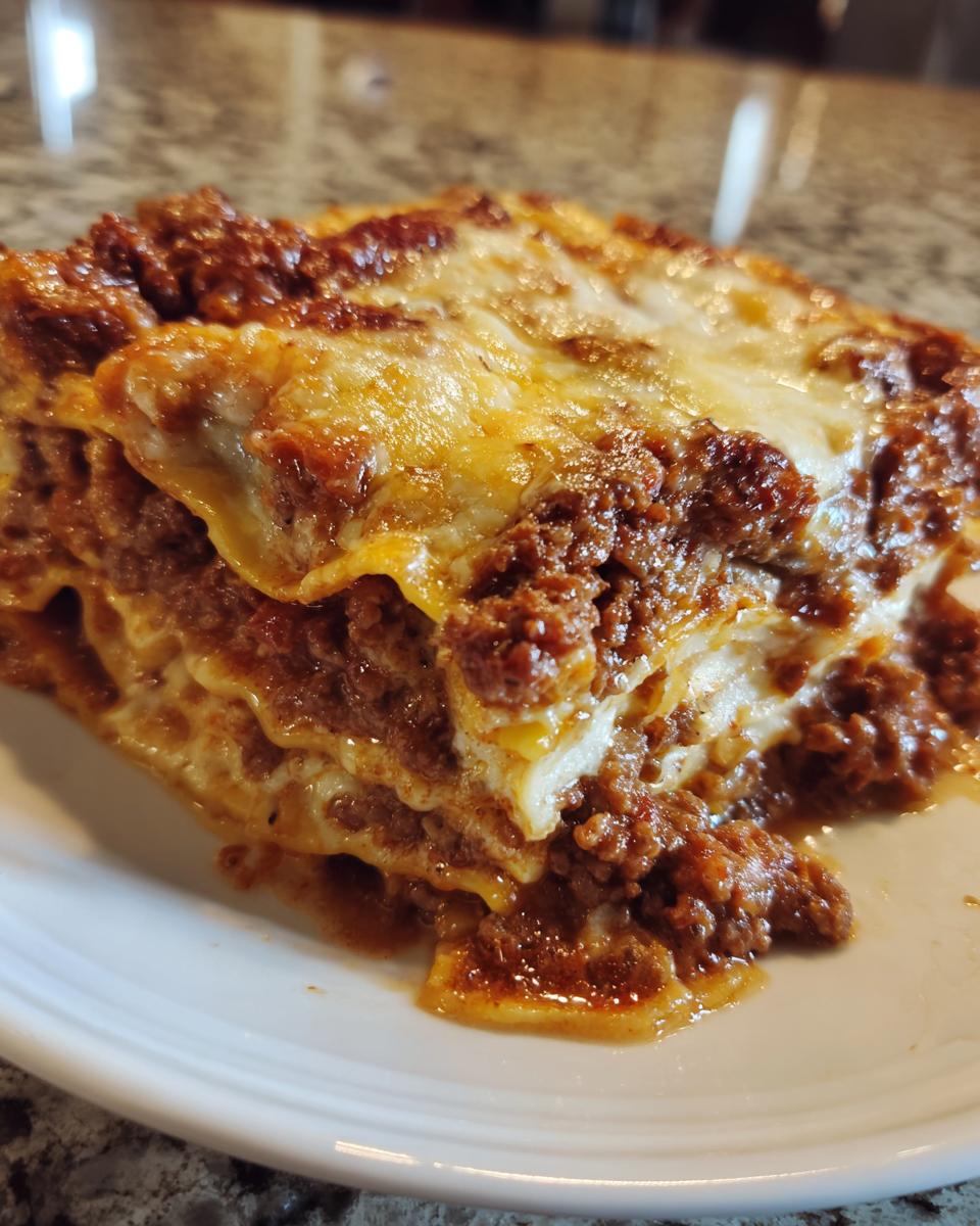 Close-up of a thick, cheesy slice of sheet pan lasagna with rich meat sauce layers on a white plate.