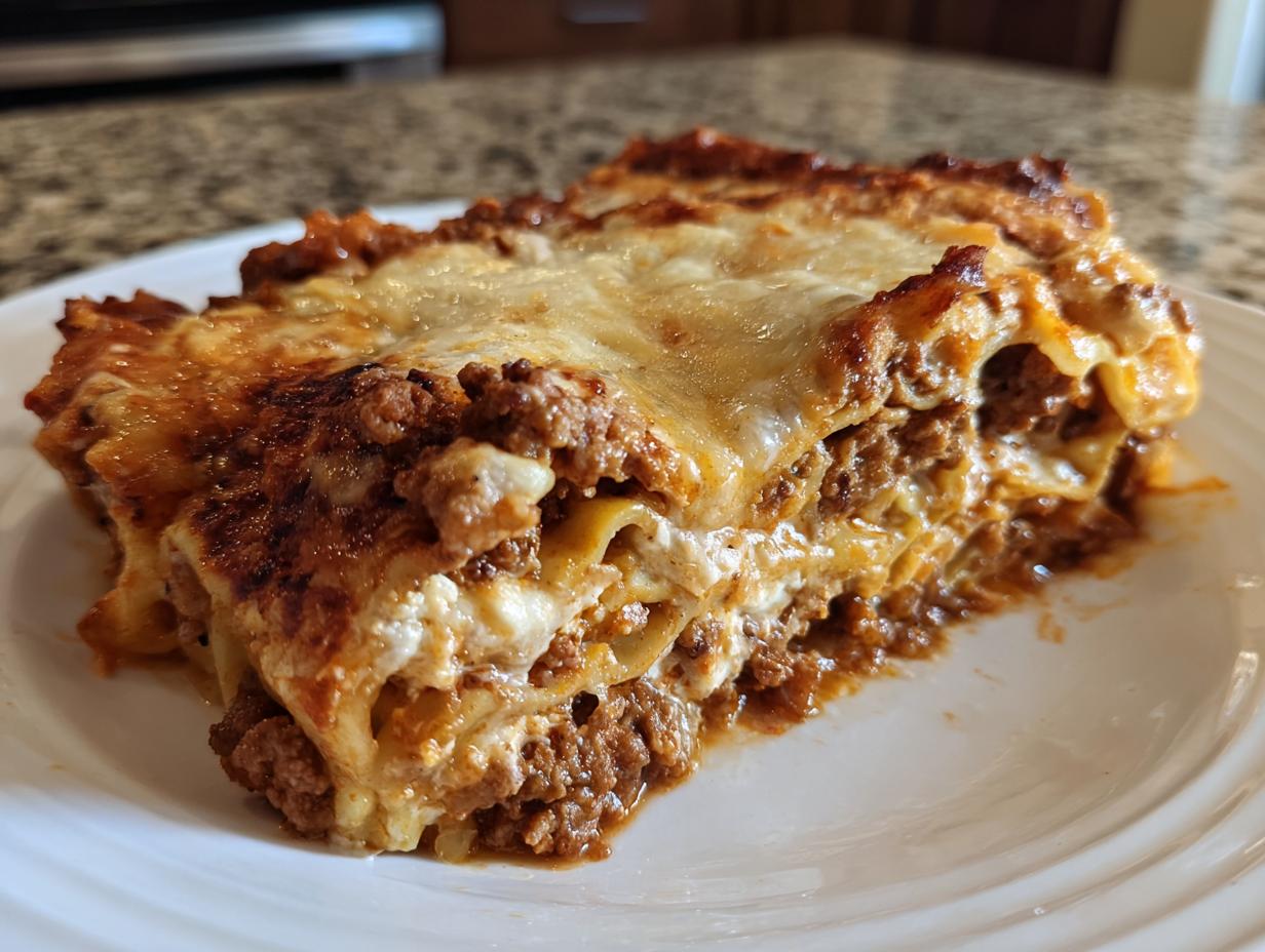 Close-up of a thick, cheesy slice of sheet pan lasagna featuring layers of pasta, rich meat sauce, and melted cheese topping.