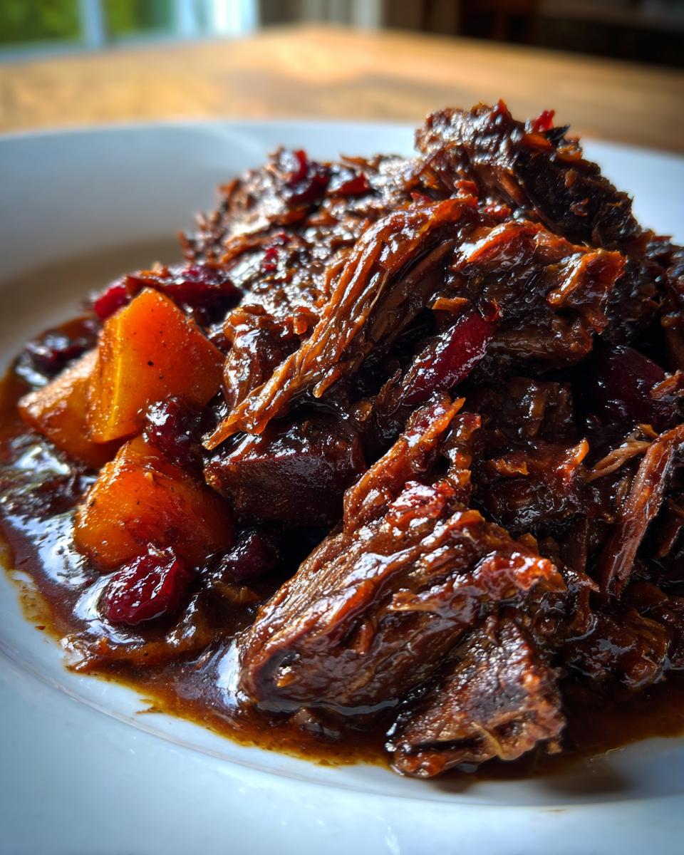 Close-up of tender, shredded cranberry pot roast served with chunks of orange vegetable and whole cranberries in a dark sauce.