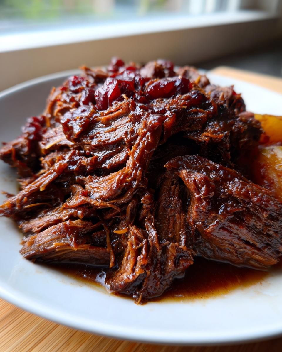 Close-up of tender, shredded cranberry pot roast served on a white plate with a dark, rich sauce.