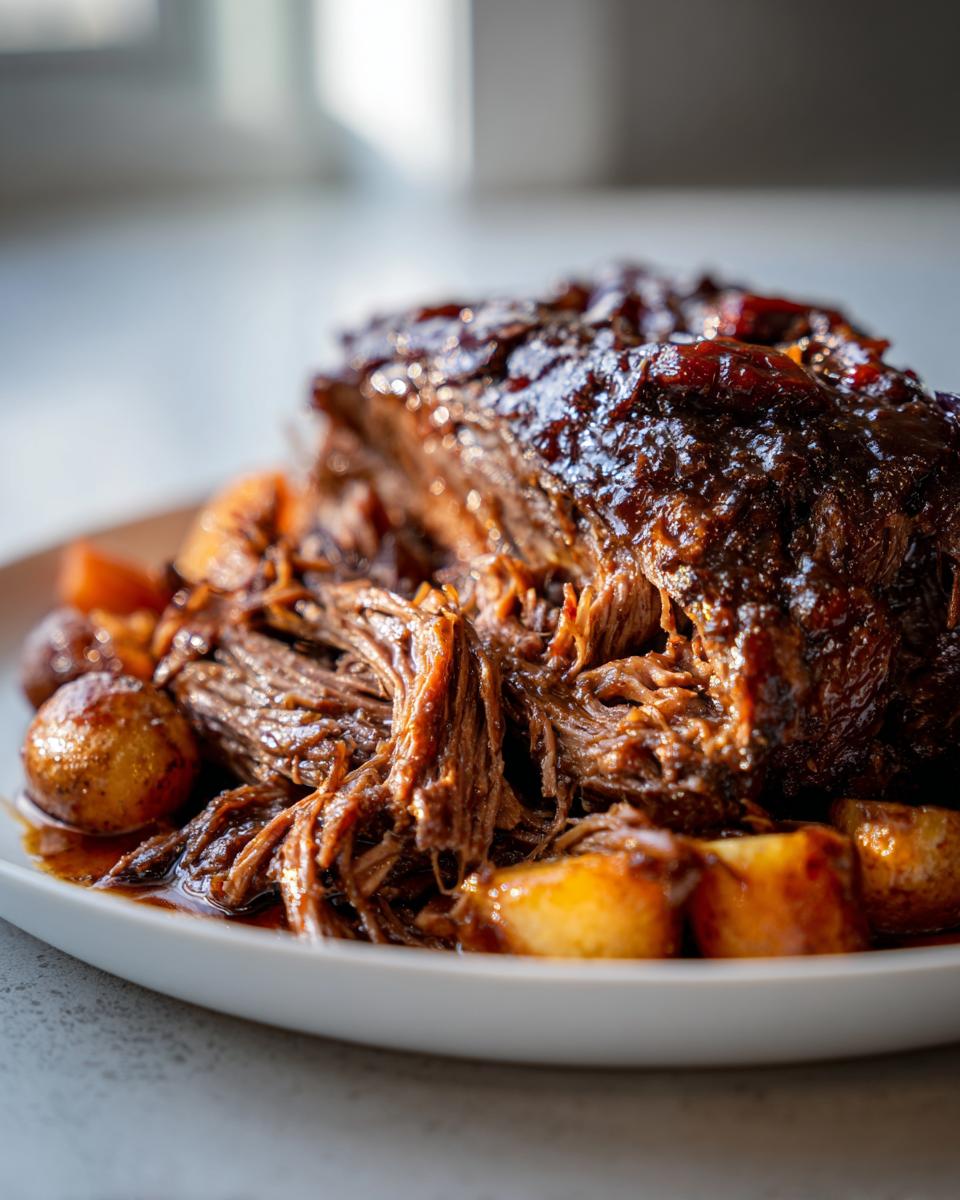 Close-up of tender, shredded cranberry pot roast covered in a dark glaze, served with roasted potatoes.